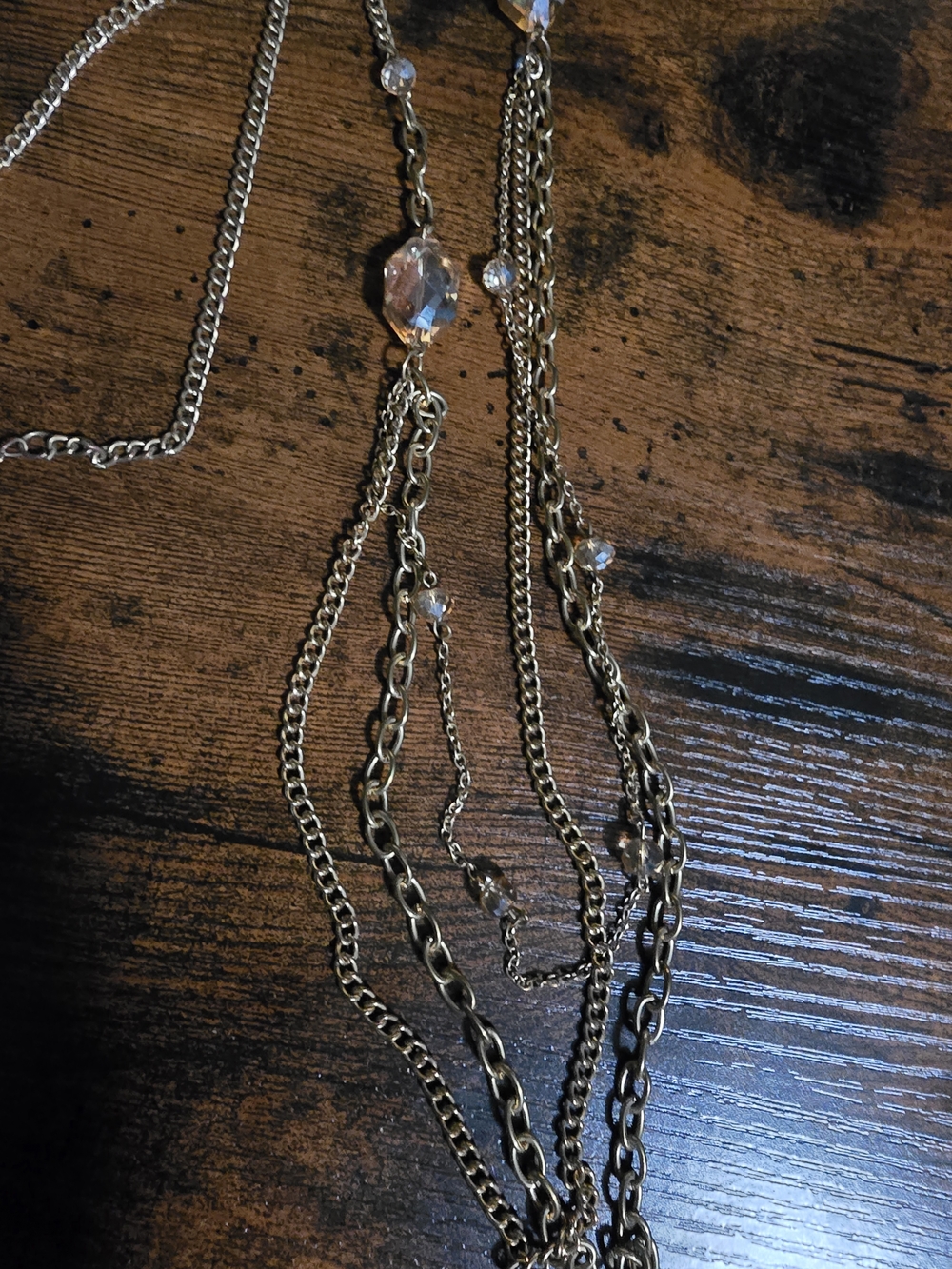 Gold-Tone Layered Chain Necklace with Clear Beads - Women Jewelry